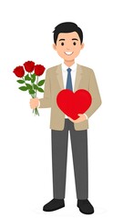 Smiling man holding roses and heart