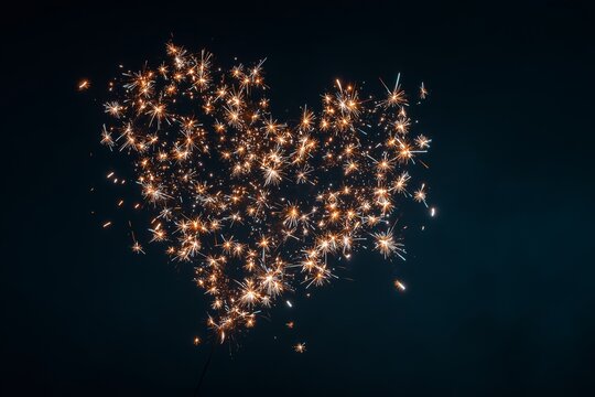 Heart shape formed by sparkling fireworks in the dark.