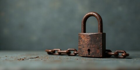 A weathered padlock and chain rest on a textured surface, suggesting themes of security, time, and forgotten things.