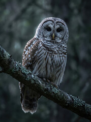 Fototapeta premium Barred Owl Perched on a Mossy Branch in a Dark Forest
