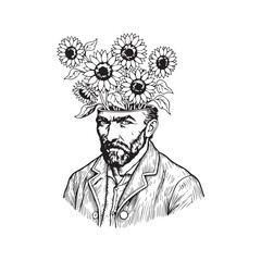 Surreal Vincent van Gogh portrait with sunflowers growing from head. Black and white vector line art illustration in vintage sketch style for tattoo or print design.
