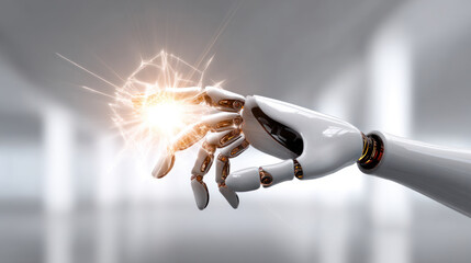 Futuristic robot with articulated fingers, interacting with a digital object in a bright, minimal space. Artificial Intelligence, Futuristic Digital Technology, Metaverse of Digital Intelligent World