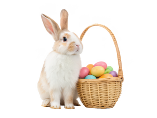 A fluffy, adorable, and alert domestic rabbit with soft brown and white fur, attentively gazing upwards beside a charming wicker basket overflowing with, isolated on transparent background.