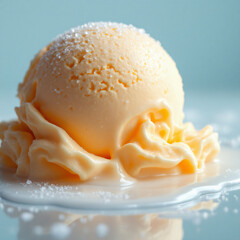 A single scoop of melting peach or orange ice cream with sugar crystals sprinkled on top, creating a sweet puddle on a light blue surface.