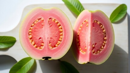 Sliced Pink Guava with Seeds on Cutting Board and Scattered Green Leaves