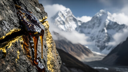 mountain landscape in, Dark brown Shilajit resin oozes from cracks in rugged Himalayan rock surface. Golden undertones glisten on the earthy mineral deposit. Majestic snowy mountains rise in backgroun