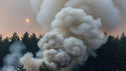 Dense Forest with Rising Smoke and Sunlight Filtering Through Hazy Atmosphere