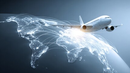 Commercial Airplane Flying Over Illuminated Digital Globe Representing Global Air Transportation Network