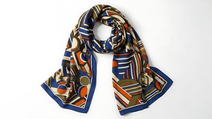 Patterned Silk Scarf with Geometric Shapes in Navy, Orange, Beige, and Olive