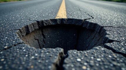 A Deep Pothole on a Dark Asphalt Road Surface with a Yellow Center Line