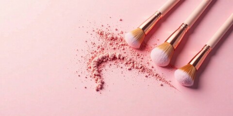 Elegant makeup brushes with soft pink powder on a delicate pink background