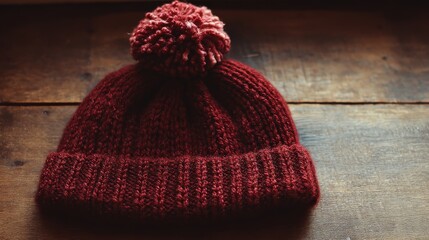 Handmade knitted winter hat with pompom rests on dark wooden surface