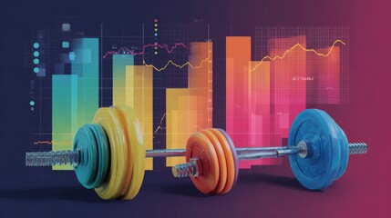 Colorful Barbells in Front of Vibrant Data Charts Representing Fitness Analytics, Performance Tracking, and Technology Integration in Modern Training