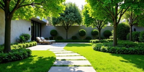 Serene Backyard Oasis  Landscaped Garden with Stone Pathway and Comfortable Seating Area