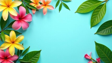 Vibrant tropical flowers and lush green leaves arranged artistically on a bright turquoise background, creating a serene and refreshing summer scene, perfect for design inspiration.