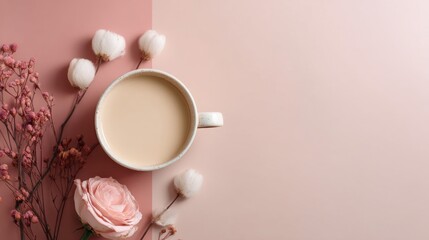 Flat Lay Composition with Cup of Coffee or Tea and Cotton Flowers on Soft Pink Background Featuring Romantic Floral Arrangement and Minimalist Aesthetic for Relaxation