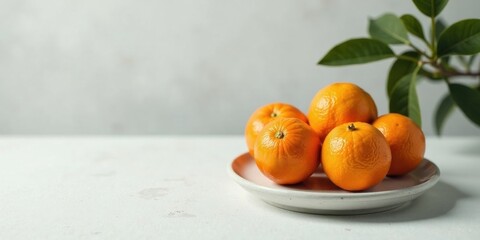 A cluster of ripe citrus fruits on a simple plate, nestled amongst vibrant green foliage.