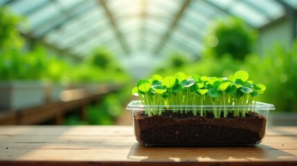 Vibrant Green Sprouts Thriving in a Greenhouse Setting, Displayed on a Wooden Surface, Basking in the Warm Sunlight