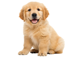 A fluffy, adorable, and playful golden retriever puppy with soft, light-brown fur and endearing, wide-set eyes sits attentively on a glossy white surface, gazing, isolated on transparent background.