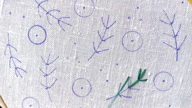 Close-up tutorial video of a hand continuing embroidery of a green branch using fly stitch technique, part two. Educational needlework content showing decorative stitching process for DIY learning
