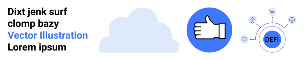 Obraz premium Cloud storage, blockchain, decentralized finance, connectivity, digital approval, futuristic technology. Cloud shape, thumbs-up icon decentralized finance diagram. Cloud storage and blockchain