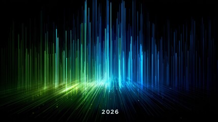 Abstract futuristic data visualization with glowing vertical lines in green and blue tones on black background and white 2026 text