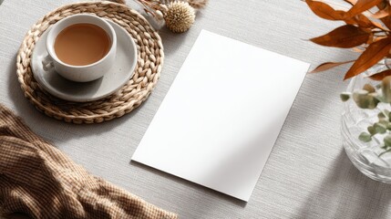 Cozy autumn-themed tabletop scene with ceramic cup of tea, blank paper, dried flowers, and warm natural light on textured fabric