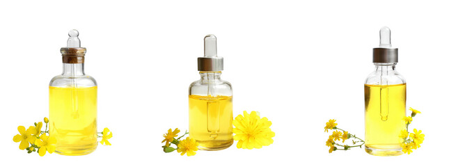 herbal oil bottles with yellow flowers isolated on white background