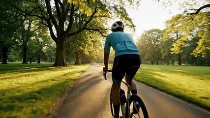Cyclist Riding Road Bike on Scenic Park Path at Golden Hour