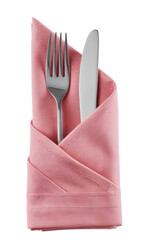pink napkin with silverware, fork and knife