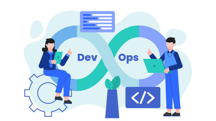 DevOps Team Automating Software Deployment. Flat Vector Business Illustration