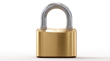 Fototapeta premium Close-up view of brass padlock with steel shackle on neutral background, symbolizing security, protection, privacy, and physical access control