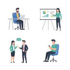 flat vector illustration of office workers in different poses man working on laptop, woman presenting ideas, two colleagues talking, employee checking phone, seated and standing positions
