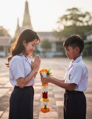 Thai Students Exchanging Flower Garlands in Golden Hour Light