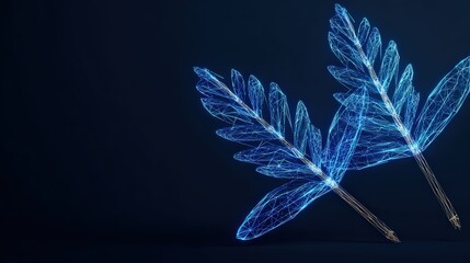 Two delicate, glowing feathers float gracefully against a dark background, the digital artistry conveying the essence of communication, ideas. Created with Generative AI, not depicting real subjects.