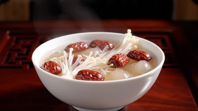 Hands holding a steaming bowl of sweet soup with red dates, enoki mushrooms, and tremella