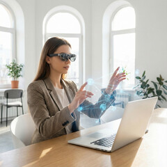 Woman in AR Glasses Interacting with Holographic Interface at Desk