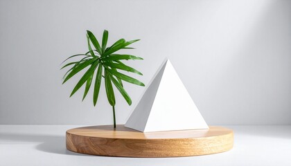 Obraz premium Minimalist plant and pyramid on wooden platform
