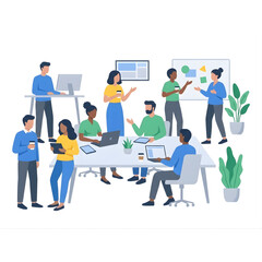 flat vector illustration of modern office workers, people collaborating, working, talking, sitting and standing