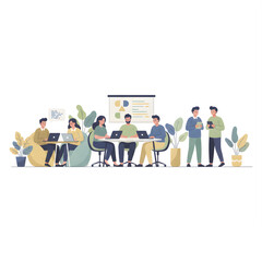 modern startup office vector illustration, diverse team working together brainstorming at table, coding on laptops, casual discussion, collaborative work culture