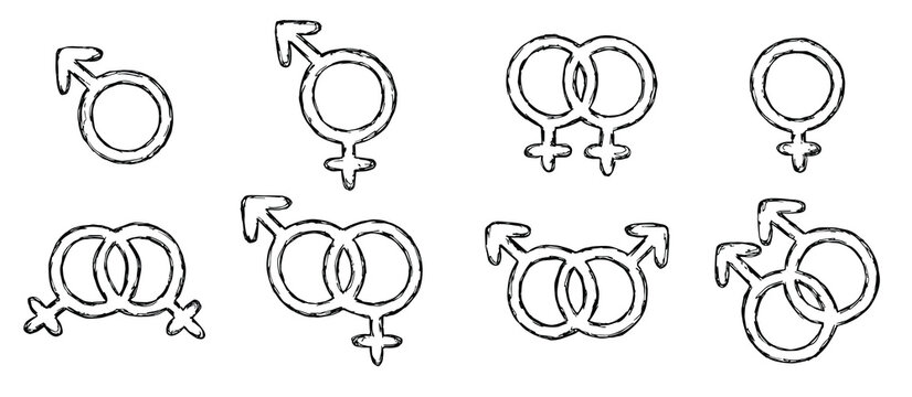 Set of hand drawn female, male and bigender gender identity icon Symbol used to represent sex and gender