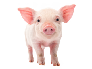 A charming, small, pink domestic piglet with large, floppy ears and a moist, rosy snout stands directly facing the camera in a studio setting, exhibiting a, isolated on transparent background.