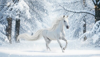 Fototapeta premium Majestic white horse running through a snowy forest with magical sparkle effects 