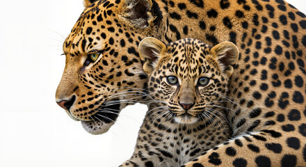 Obraz premium Leopard mother and her adorable cub showing affection against a light background