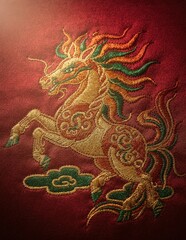 Golden Mythical Horse Embroidery on Red Silk Fabric