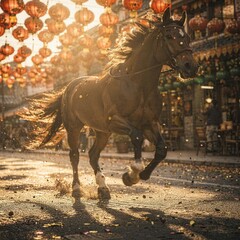 Majestic Horse Galloping Through Lantern-Lit Street at Sunset