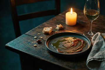 Romantic Dinner Setting with Wine, Candle, and Rustic Food