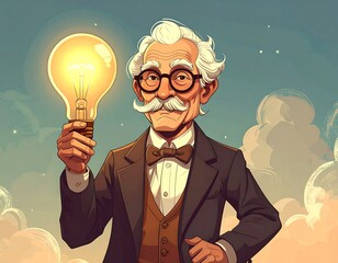 Smiling old man with lightbulb