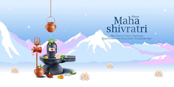 Peaceful Maha Shivratri illustration showing Shiva lingam, trishul, damru and sacred offerings with Himalayan mountains in the background. Perfect for spiritual banners, festival greetings, posters.