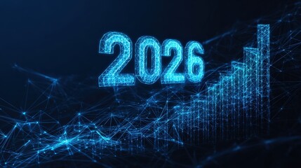 An engaging digital visualization that projects the year 2026 amid a backdrop of an increasing bar graph. ..Created with Generative AI, not depicting real subjects.